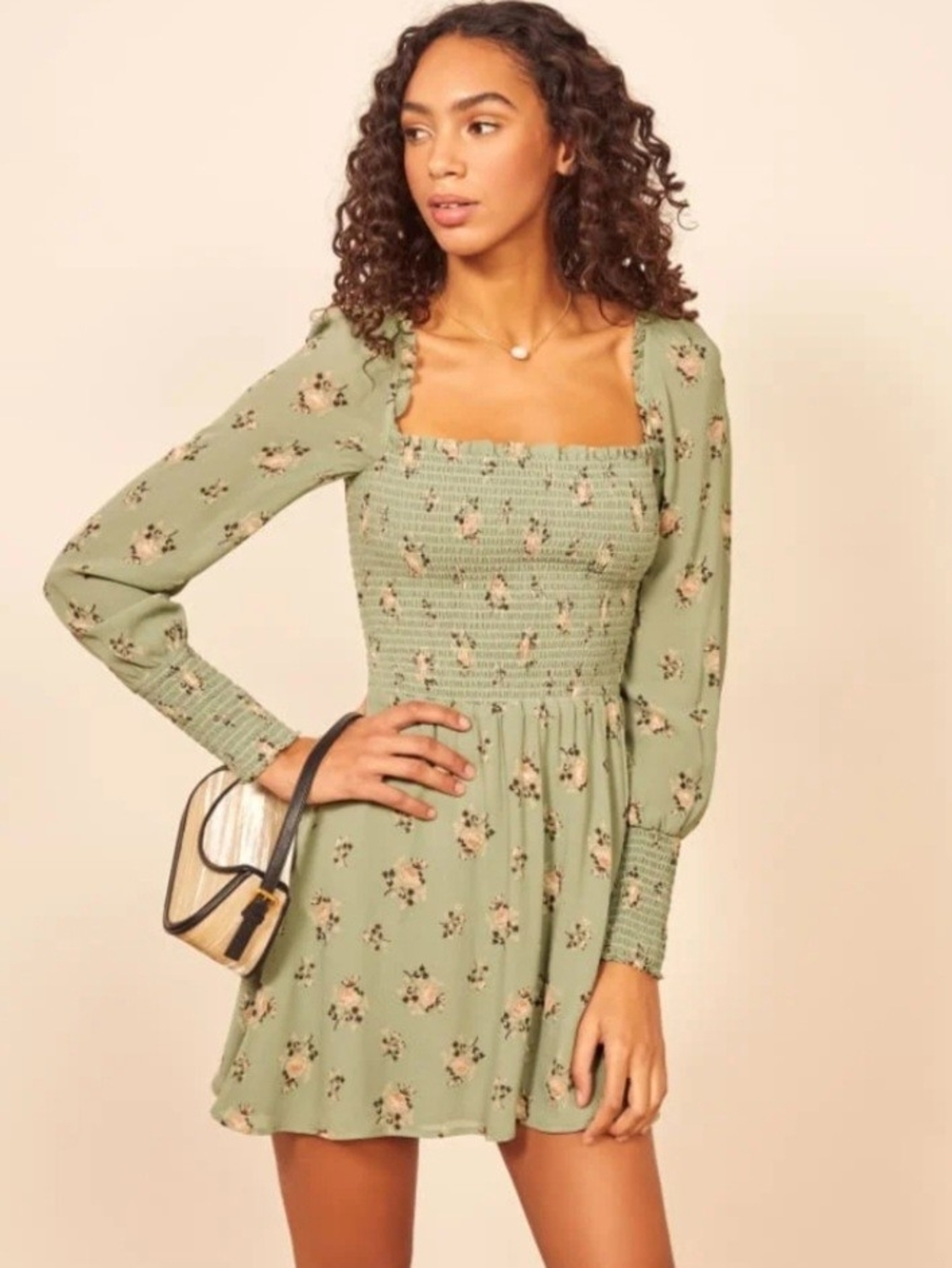 Reformation Kelli Green Floral Long Sleeve Smocked Square Neck Mini Dress XS